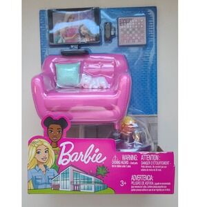 2019‎ Barbie Doll Furniture Living Room Set Pink Sofa TV Kitten Game Board New